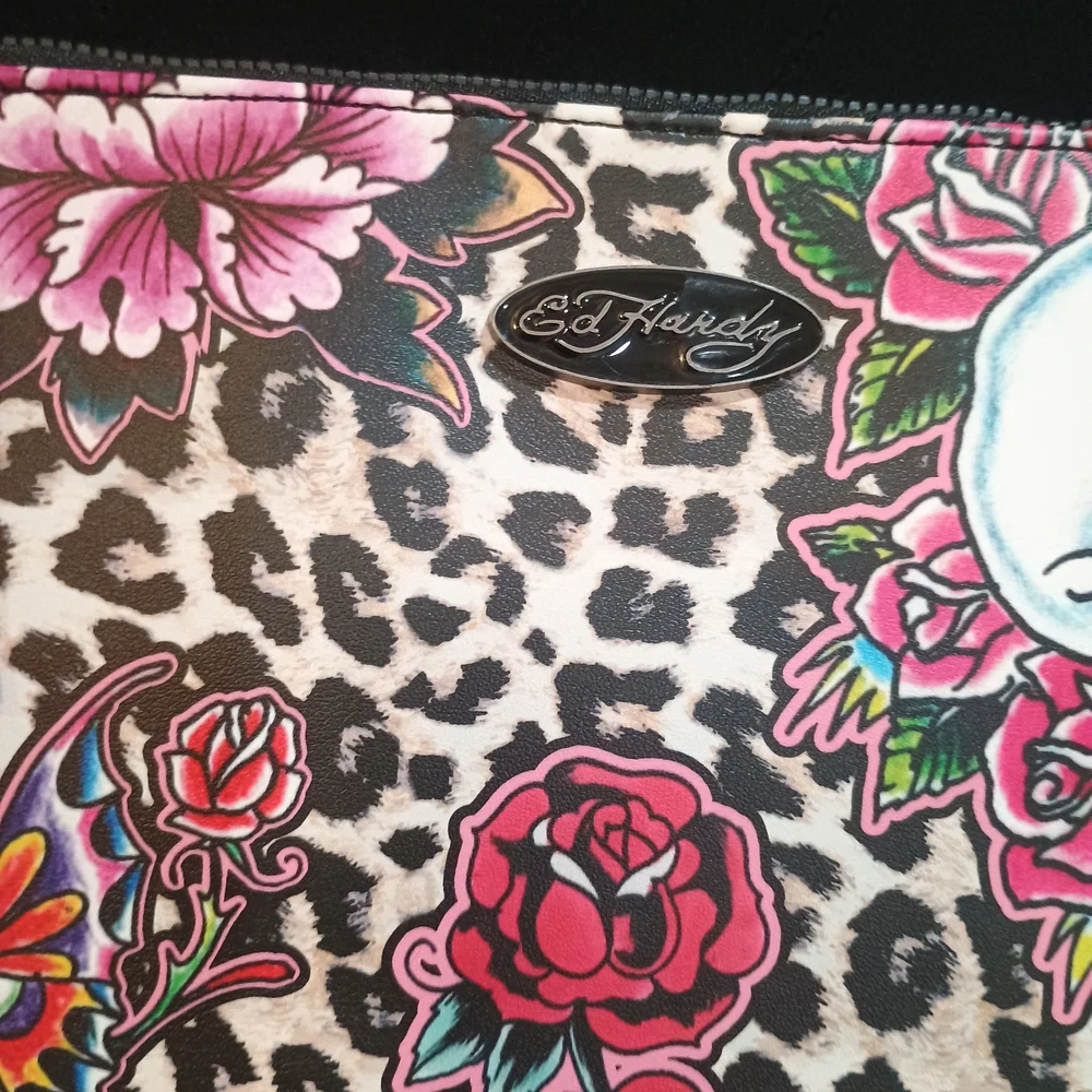 New Ed Hardy Leopard Print Cosmetic Bag with Skull and Floral Design Large
